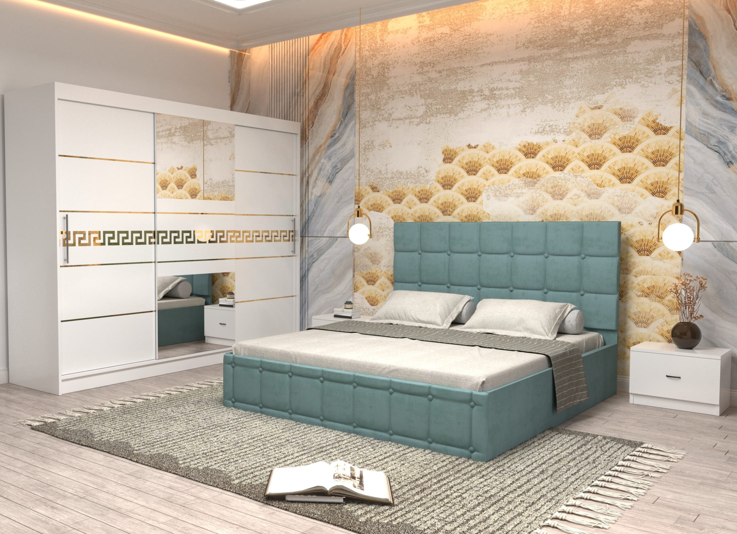 turc-5-scaled-1.jpg Dormitor Regal cu Pat Matrimonial Turcoaz Stofa Dulap Gold usi glisante 250 x 200 cm Alb cu usi Albe Cu Oglinda si Noptiere - imagine 1