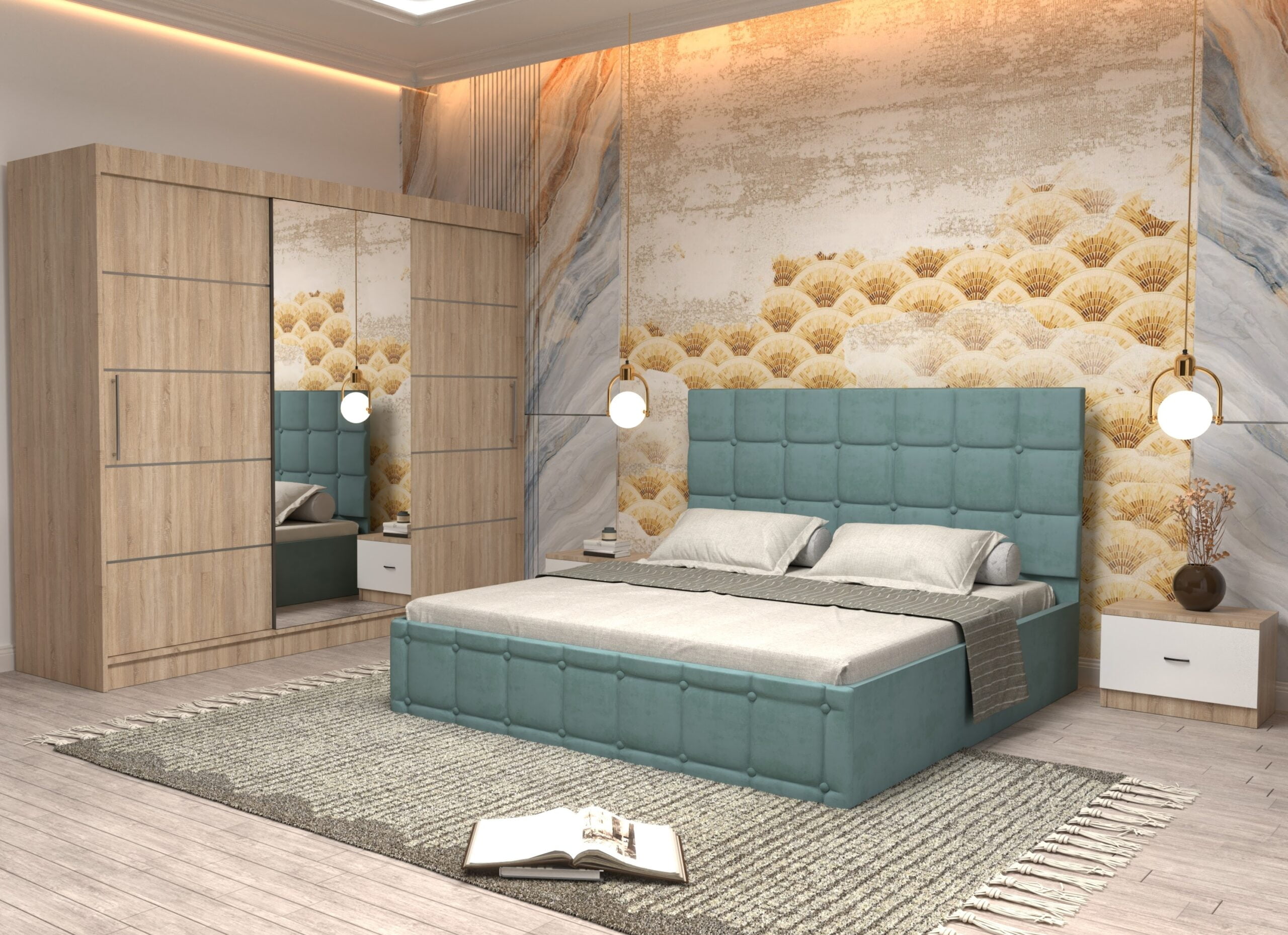 turc-8-scaled-1.jpg Dormitor Regal cu Pat Matrimonial Turcoaz Stofa Dulap usi glisante 250 x 200 cm Sonoma cu usi Sonoma Cu Oglinda si Noptiere - imagine 1