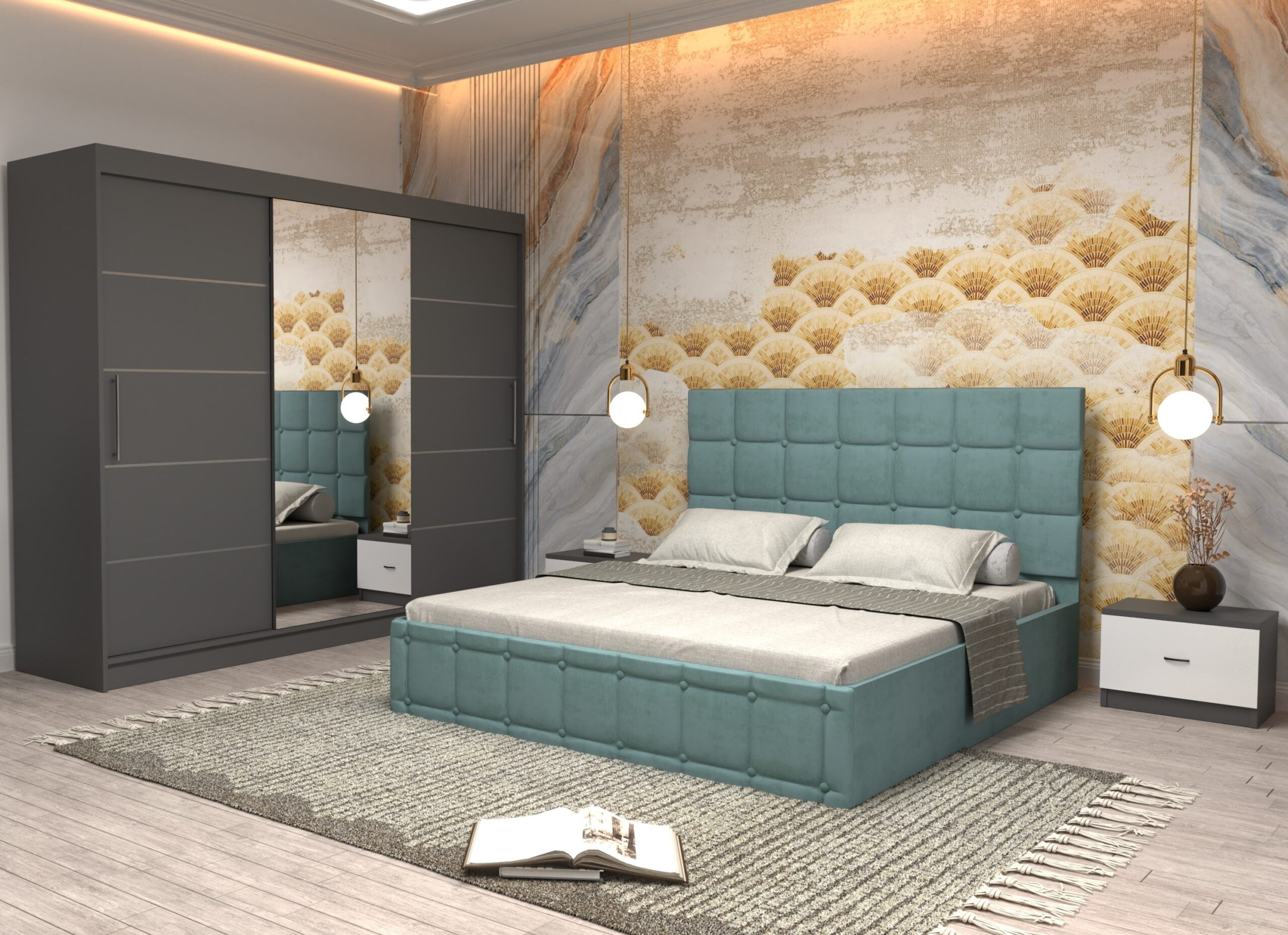 turc-9-scaled-1.jpg Dormitor Regal cu Pat Matrimonial Turcoaz Stofa Dulap usi glisante 250 x 200 cm Gri cu usi Gri Cu Oglinda si Noptiere - imagine 1
