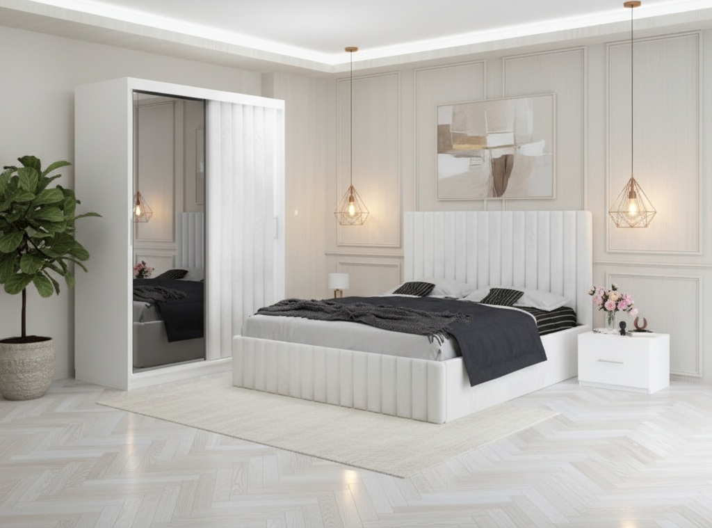 Dormitor Adela Alb cu Dressing Tapitat