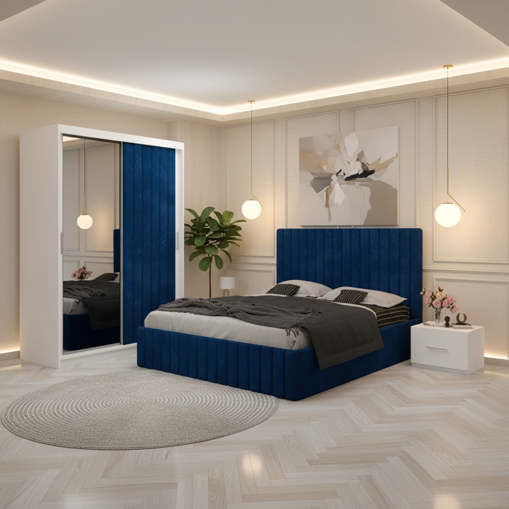 Dormitor Adela Albastru cu Dressing Tapitat